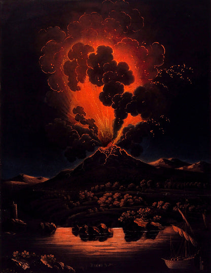 Eruption of Mount Etna at Night (c. 1820) - Romantic Era Aquatint Print (Framed)
