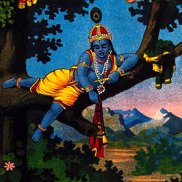 Krishna Stealing the Gopis' Clothes (Vastraharana) - Vintage Indian Chromolithograph (Unframed)