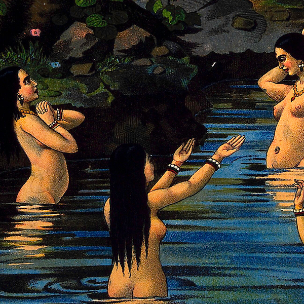 Krishna Stealing the Gopis' Clothes (Vastraharana) - Vintage Indian Chromolithograph (Unframed)